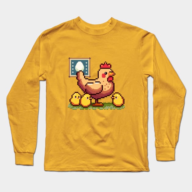 Mommy hen with chicks | Pixel art Long Sleeve T-Shirt by LettyDreams